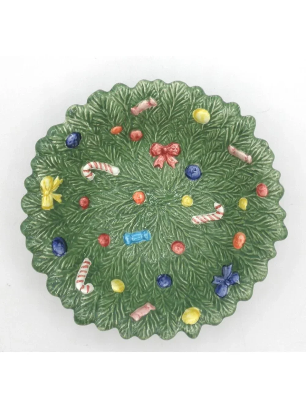 Vintage RCPC Majolica Christmas Overlapping Pine Needles Candy Bowl 8-1/4 Inches